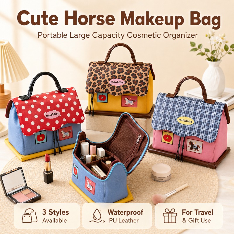 Women Vanity Bags - Niedliche Pferde-Kosmetiktasche, wasserdicht, aus Leder, tragbarer