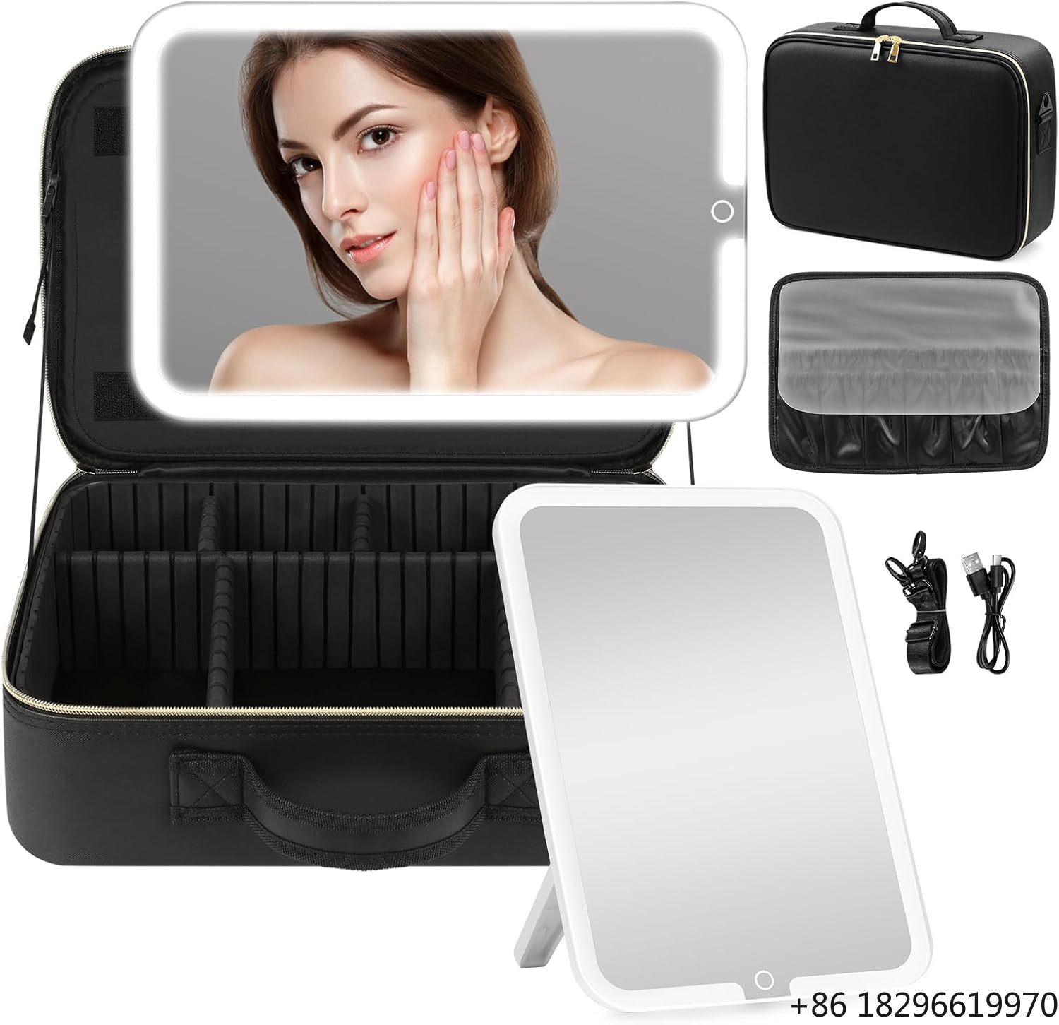 Women Vanity Bags - Tragbare Reise-Kosmetiktasche mit beleuchtetem LED-Spiegel, 3-Farben-Beleuchtung,