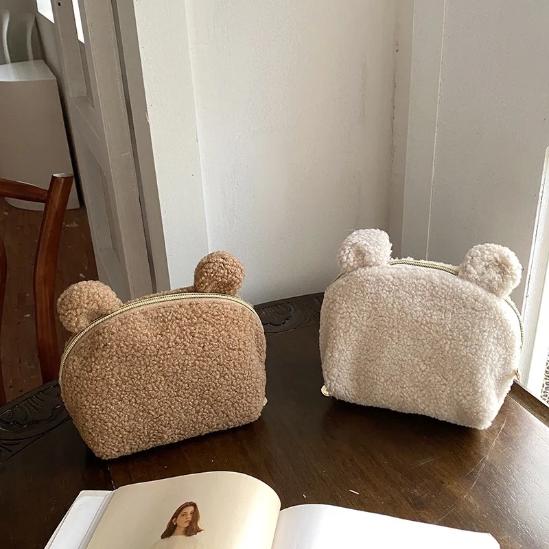 Women Vanity Bags - Kawaii Bärenohren Sherpa Kosmetiktasche, Niedliche Teddy-Fleece